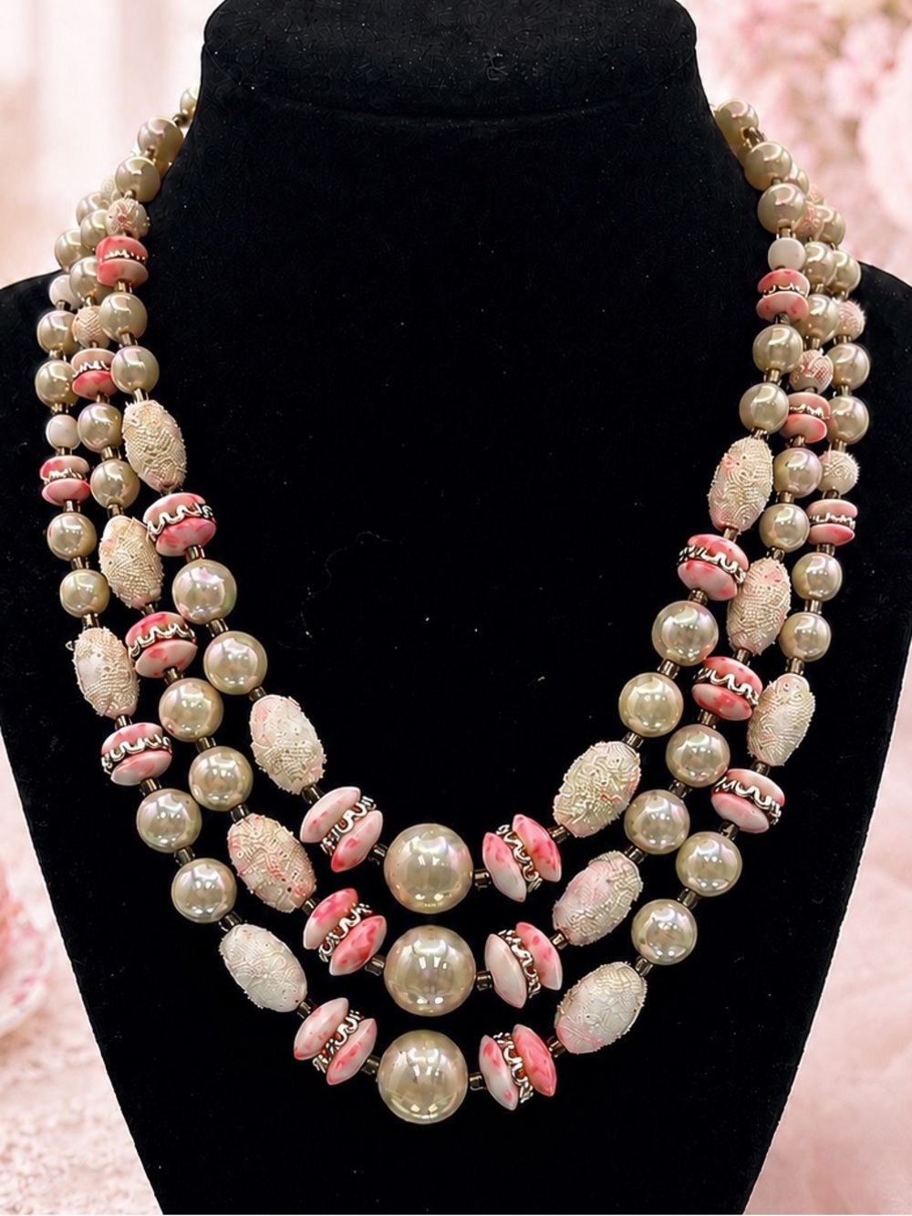 Vintage Japan Frosted Pink, Cream & Silver 3 Stranded Beaded Necklace.